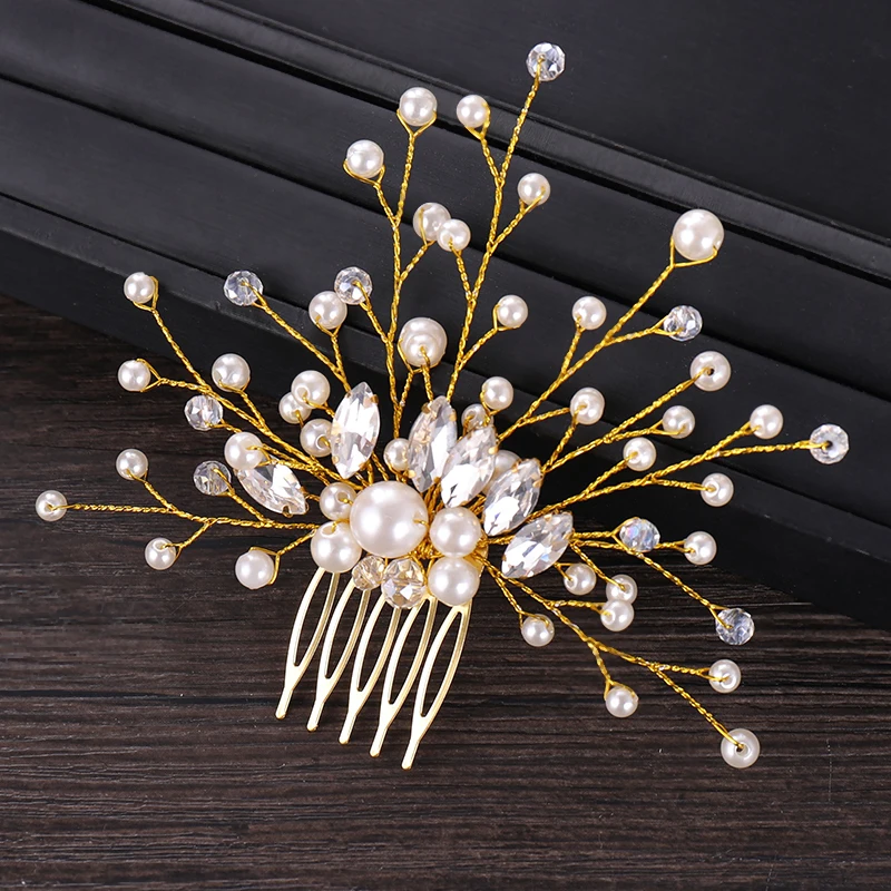 Hot Silver Color Gold Hair Ornaments Pearl Crystal Tiara Wedding Combs Handmade Bridal Fashion Accessories For Women | Украшения и