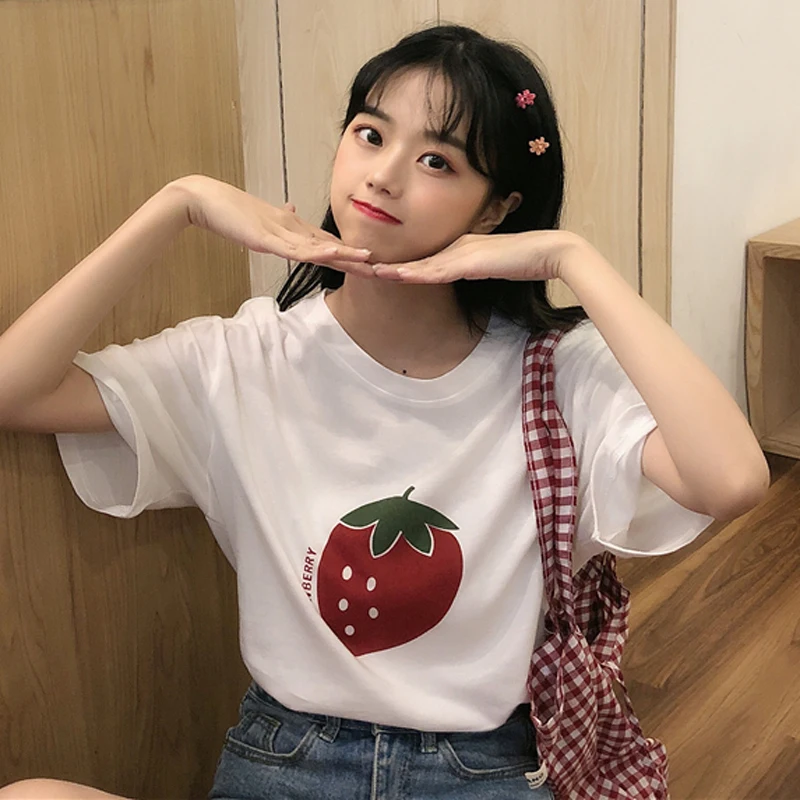 2019 летняя Корейская Свободная Женская Футболка Harajuku с принтом фруктов товые топы