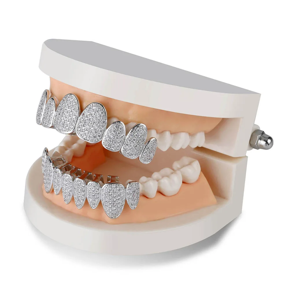 JINAO серебряный цвет Iced Out Gold Grillz ювелирные изделия с кристаллами Верхняя Нижняя решетка 8 зубов ювелирные изделия для тела хип-хоп Bling AAA кубический циркон для мужчин