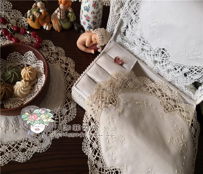 6pcs/Pack White&Ivory Round Shape VGOLSUN Europe Style 100%Cotton Vintage Battenburg Embroidered Mats&Pads With Size30x30cm