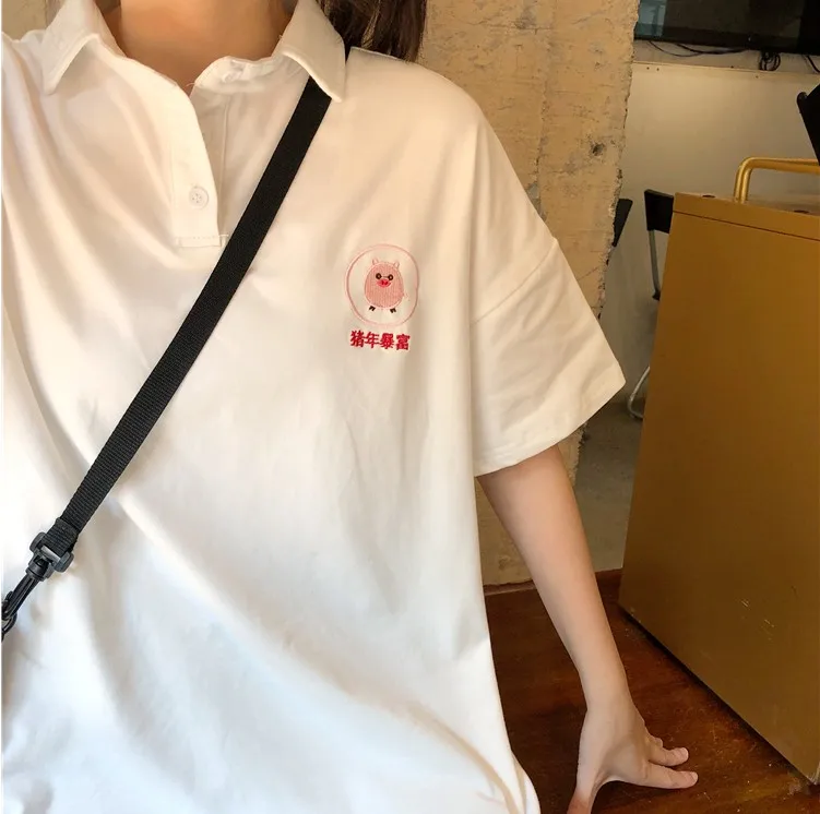 Для женщин PoloShirt Хлопок мультфильм милый свинья вышивка короткий рукав тенниски летние женские свободные Повседневное элегантный дизайн топы YT5027