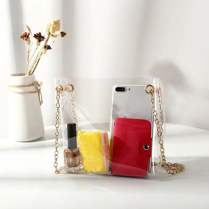 

2019 Brand New Women's Shouler Bag Transparent Handbag Fashion Solid Crossbody Bags Chains Candy Color Jelly Bag 2Pcs Handbag