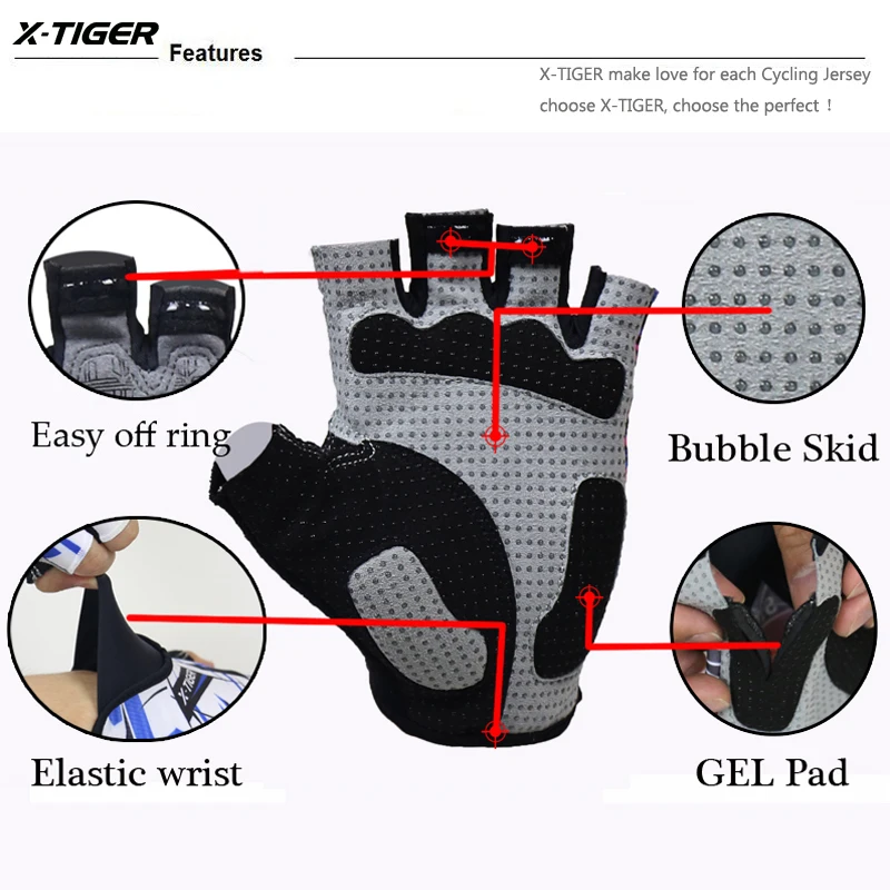 Фото X-Tiger высококачественные шестигранные 3D гелевые противоударные спортивные перчатки с полупальцами MTB велосипедные перчатки №3