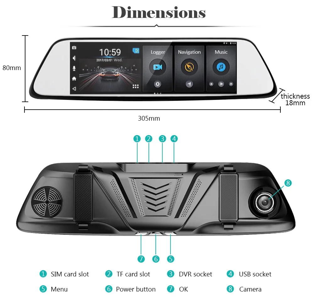 AZGIANT 8 дюймов 4G полноэкранный Автомобильный видеорегистратор Запись HD 1080P потоковое видео зеркало заднего вида wifi Пульт дистанционного управления Android 5,1 E-dog