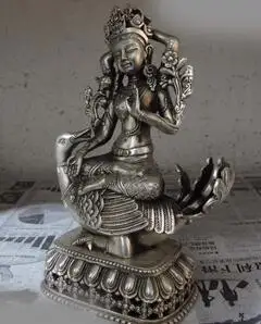 Тибет Белый медь серебро Ездить Утка Гуань Инь Гуань-инь Бодхисаттвы Статуя