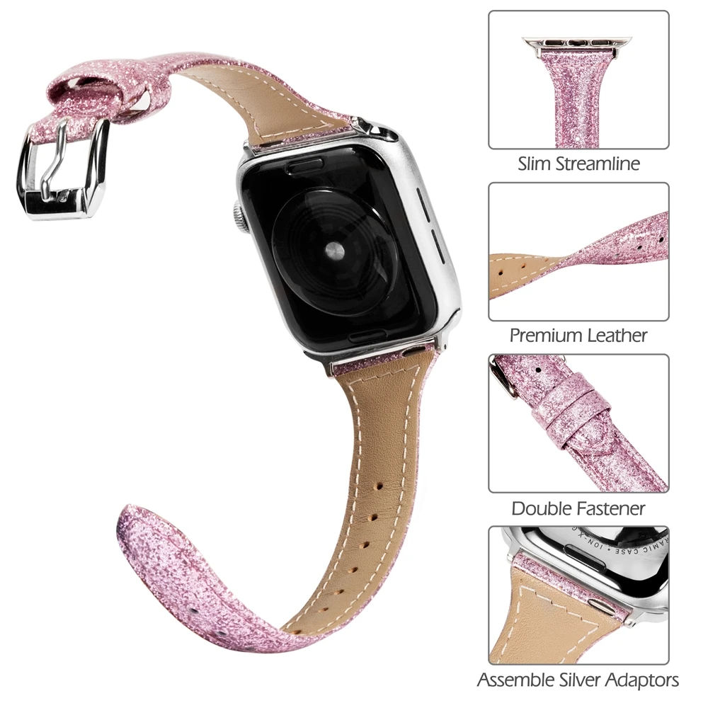 Тонкий блестящий кожаный ремешок для Apple Watch, 40 мм, 44 мм, для женщин, для iWatch, тонкий браслет, блестящий ремешок для серий 4, 3, 2, 1 издание