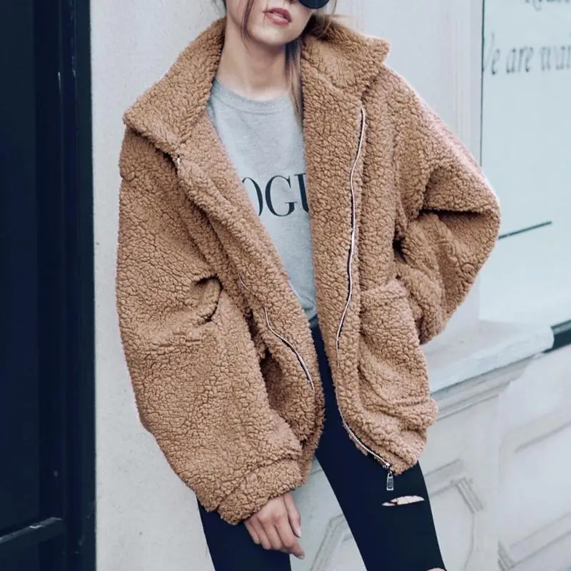 Модное женское зимнее теплое пальто из искусственной шерсти с отворотом и