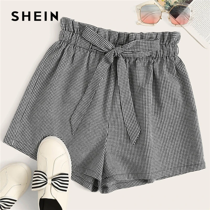 SHEIN элегантные черно-белые шорты с поясом в мелкую клетку, женские летние милые клетчатые шорты с высокой талией и оборками