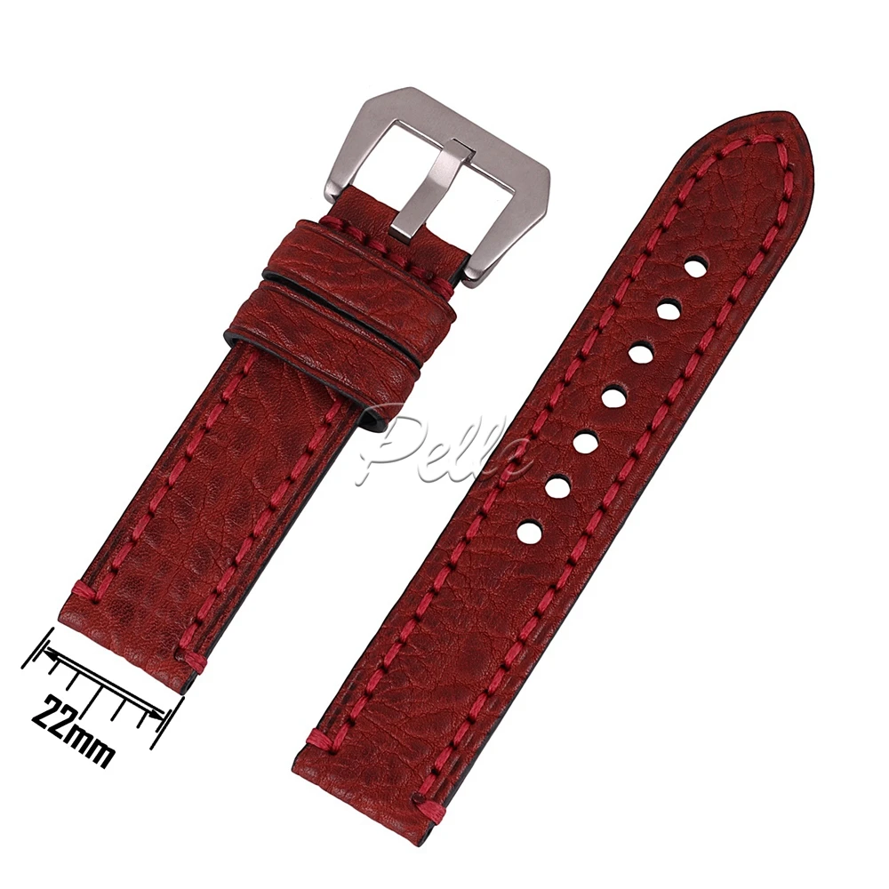 Pelle 22mm Red Vegetable Tanned Cowhide Leather Strap Silver Buckle Genuine Calfskin | Наручные часы
