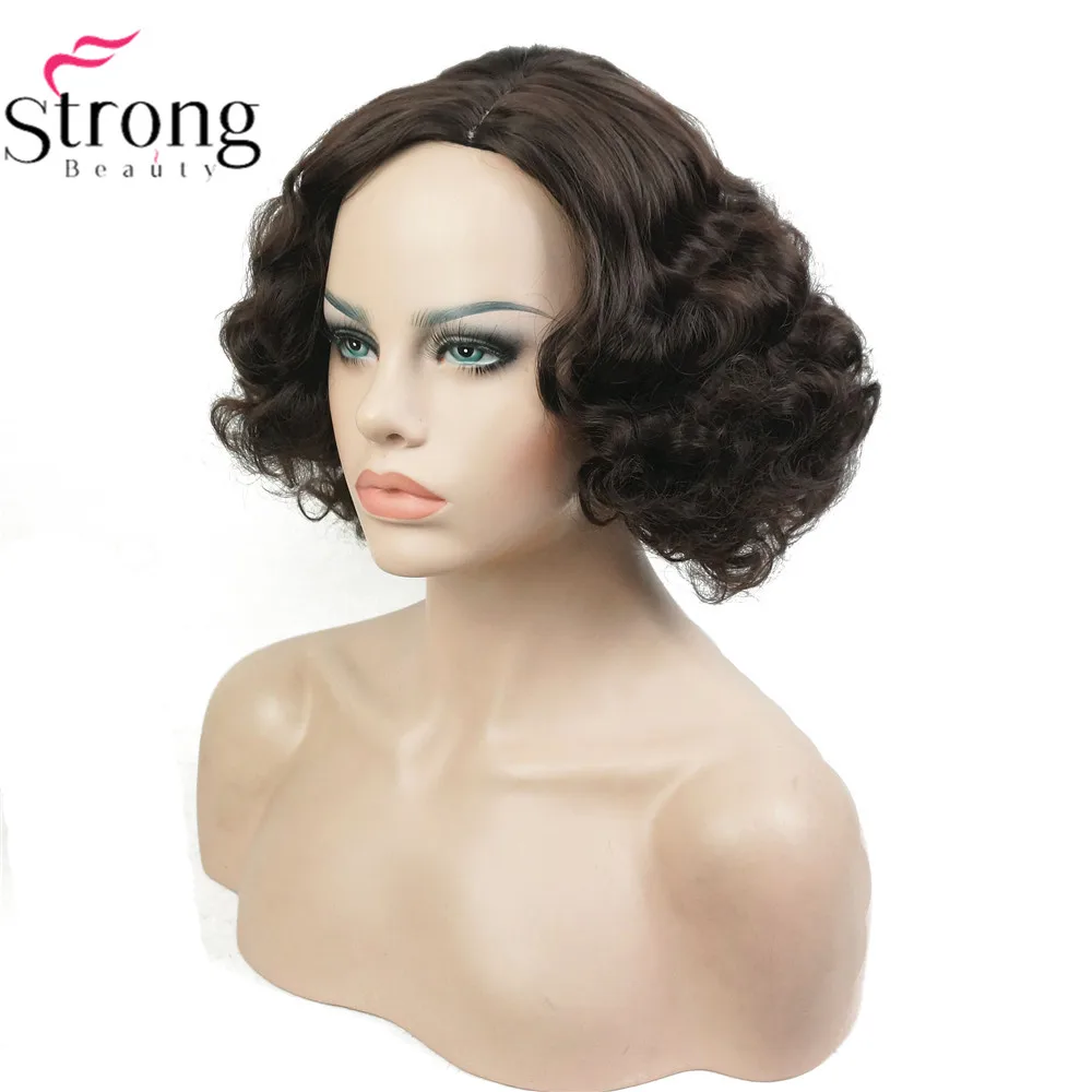Black Brown StrongBeauty медные/белокурые волосы, короткие кудрявые волосы, Женские синтетические парики без шапочки - Цвет: Black Brown