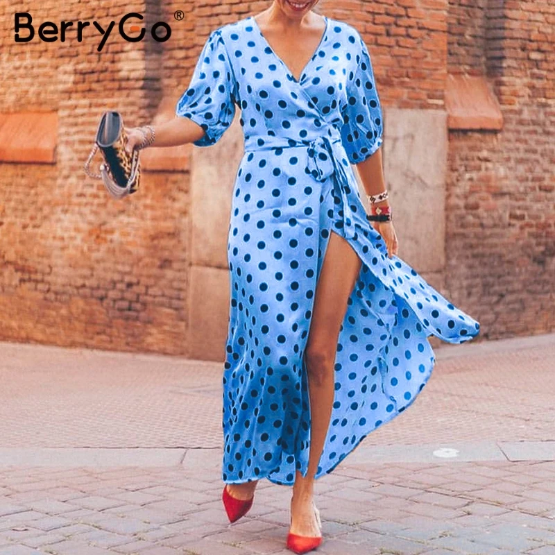 BerryGo женские платья винтажное платье в горошек с запахом длинное летнее v шейный