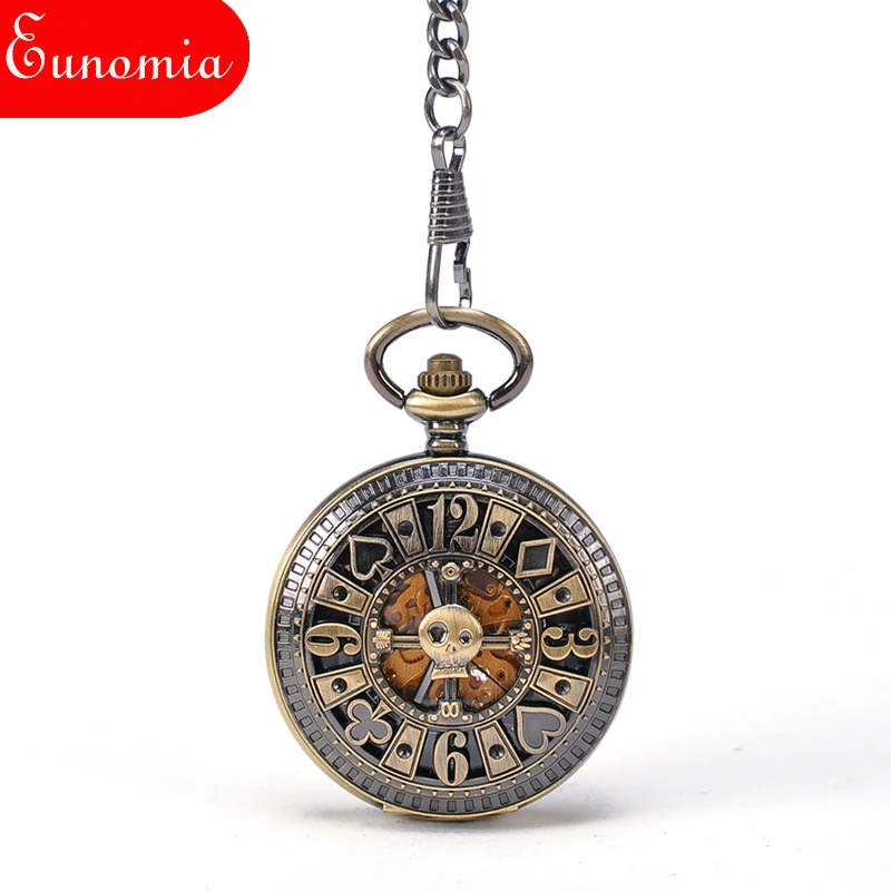 Poke Card Bronze Pirate Skull Round Mechanical Pocket Watch Automatic Self - Wind Vintage Antique Men Military | Наручные часы
