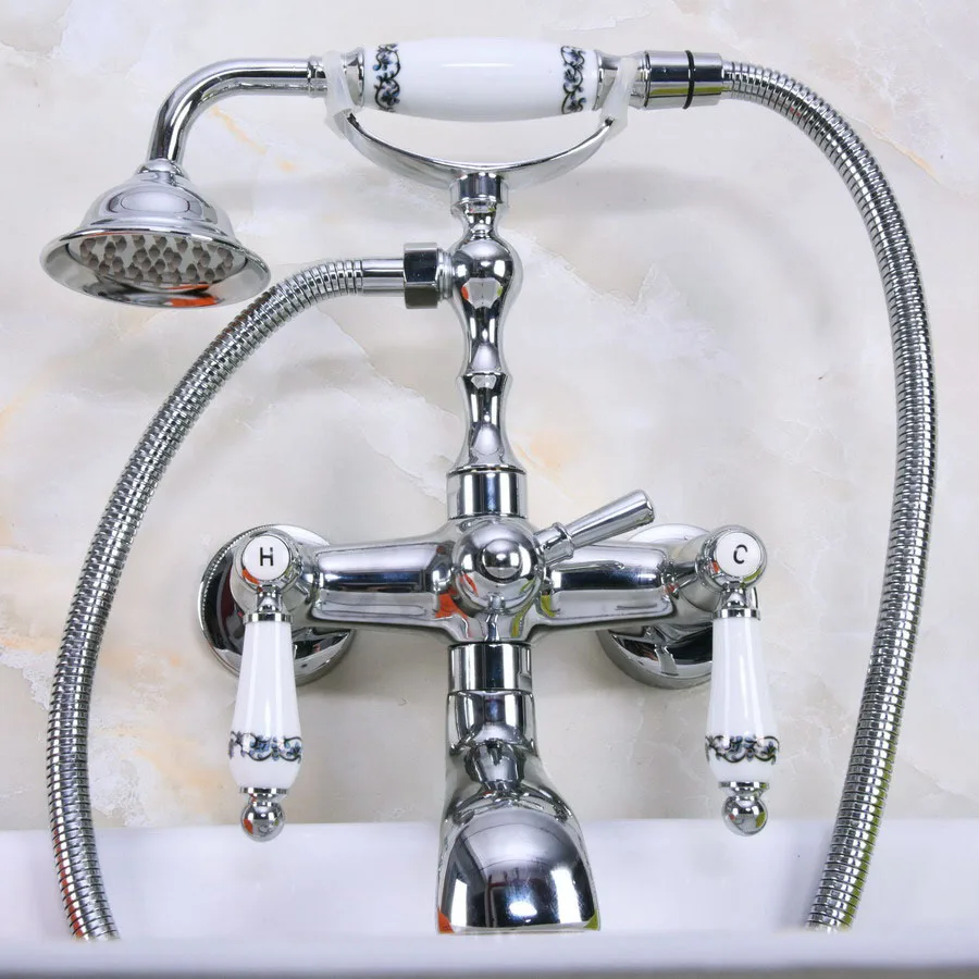 

Polished Chrome Brass Double Ceramic Handles Wall Mounted Bathroom Clawfoot Bathtub Tub Faucet Mixer Tap w/Hand Shower ana204
