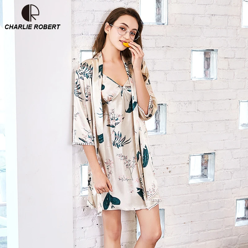 Пикантное шелковое атласное кружевное белье CR одежда для сна халат комплекты