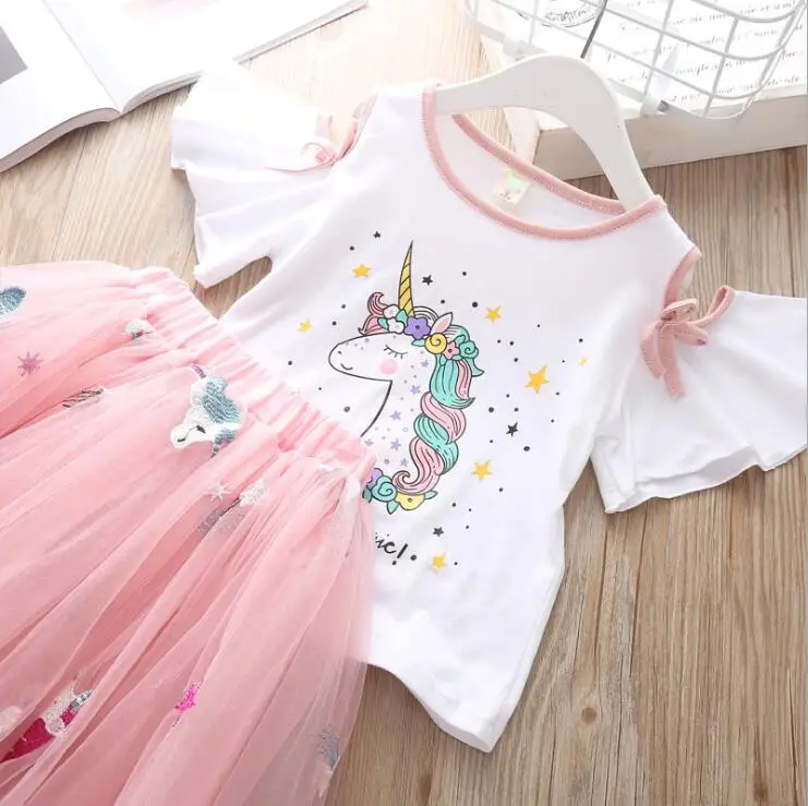 Новый летний топ для девочек с рисунком единорога и рукавами-рожками + модная