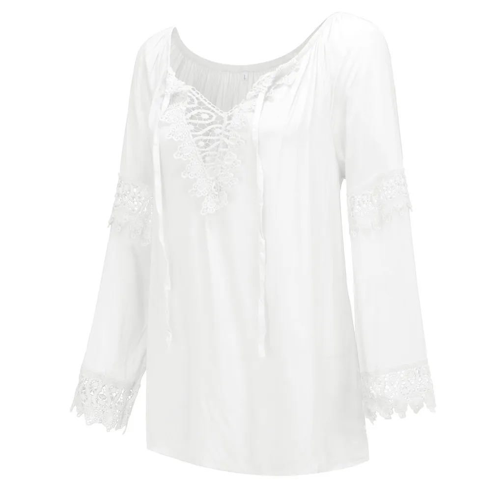 Размера плюс S-5XL Женские топы с открытыми плечами Boho одноцветные женские сексуальные кружевные с длинным рукавом Блузка Топы Свободного Покроя blusas mujer de moda