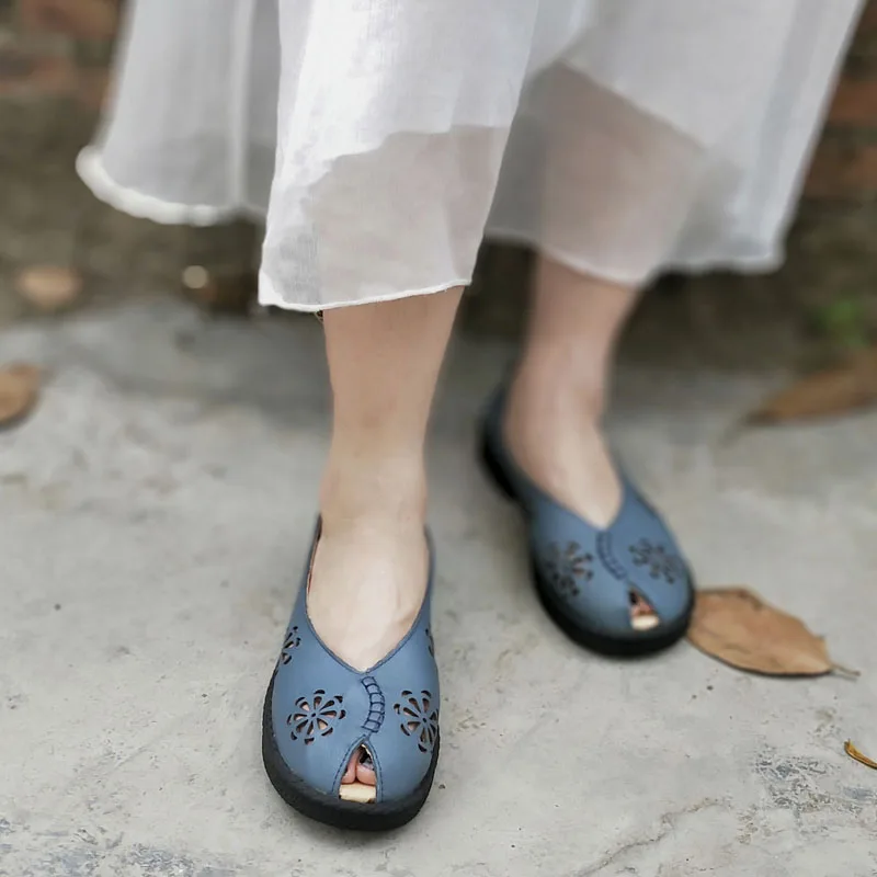 

CEYANEAO Women's Shoes Peep toe Slip on Ladies Flat Shoes Genuine Leather Woman Moccasin Shoes Hollow out Female Summer Shoes