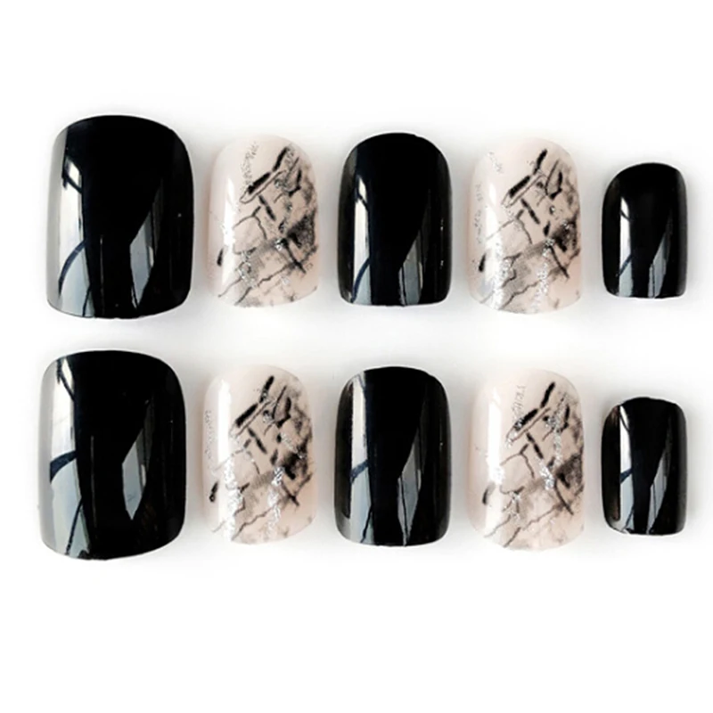 24 PCS Press on nails Full Nail Tips Black Smooth False Nails Long Square Designed with Glue Sticker for Ladies | Красота и здоровье