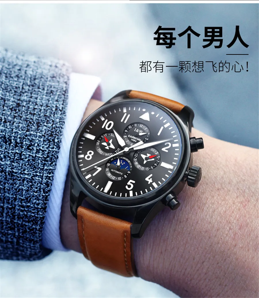 I& W Pilot часы для мужчин карнавальные мужские s автоматические механические часы из нержавеющей стали водонепроницаемые наручные часы с фазой Луны erkek kol saati
