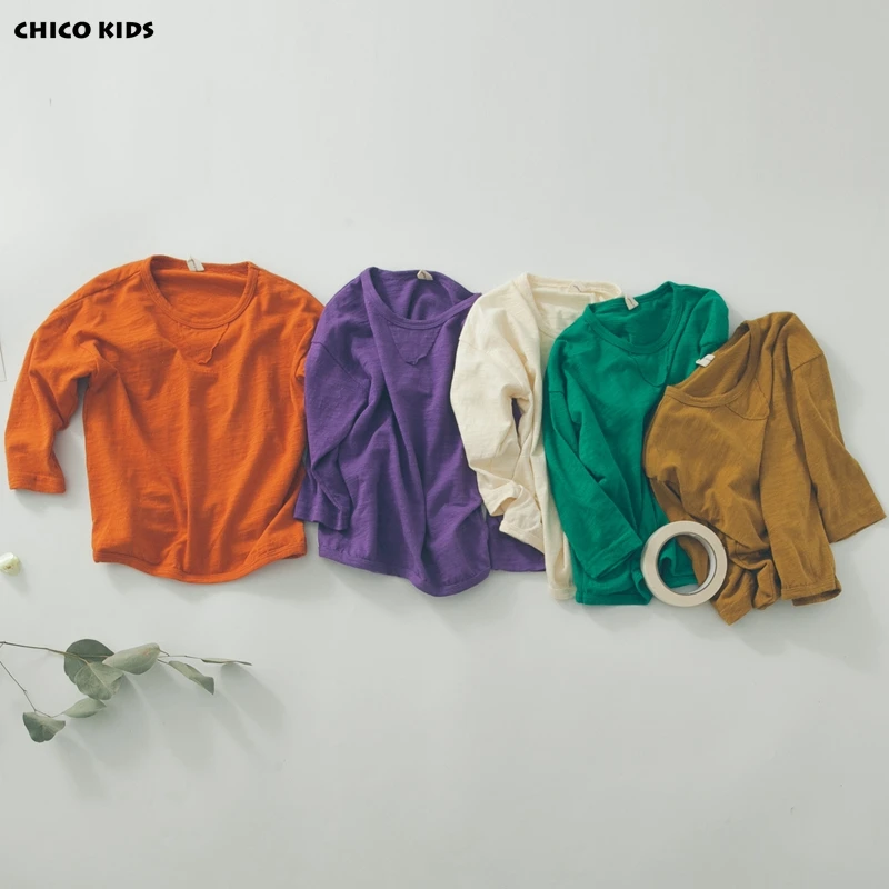 Chico/мальчиков длинные футболки с короткими рукавами, детские осенние однотонные Карамельный цвет футболки, детская одежда хлопковые футболки Размеры 24 м-6 т