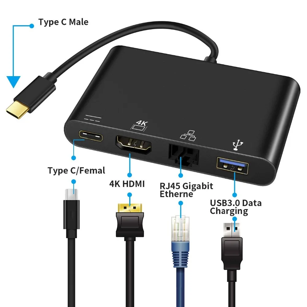 4 в 1 USB C к HDMI 4K порт USB 3,0 концентратор Thunderbolt 3 док-станция с Lan RJ45 сети и type-c PD зарядный порт адаптер для HDTV ПК