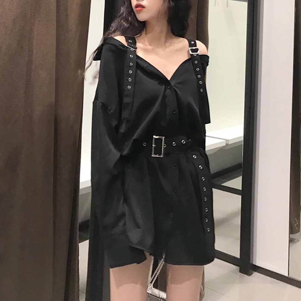 InstaHot платье с длинными рукавами черное сексуальное с регулируемым поясом с открытыми плечами Длинная блузка Повседневная блузка с отложным воротником Элегантный верх