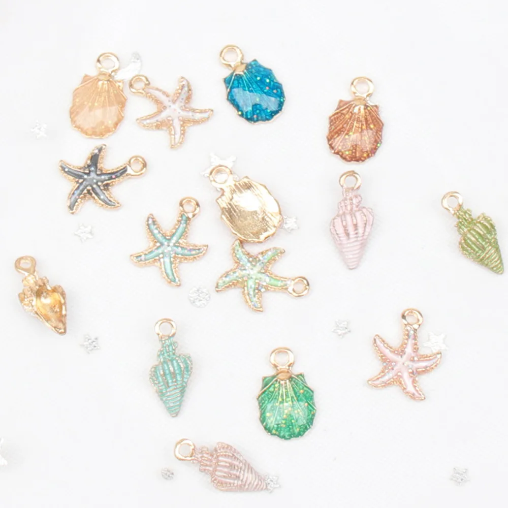 

IBOWS 15pcs glitter Starfish Conch shell charms resin charm necklace pendant keychain charms for DIY earring decoration Material