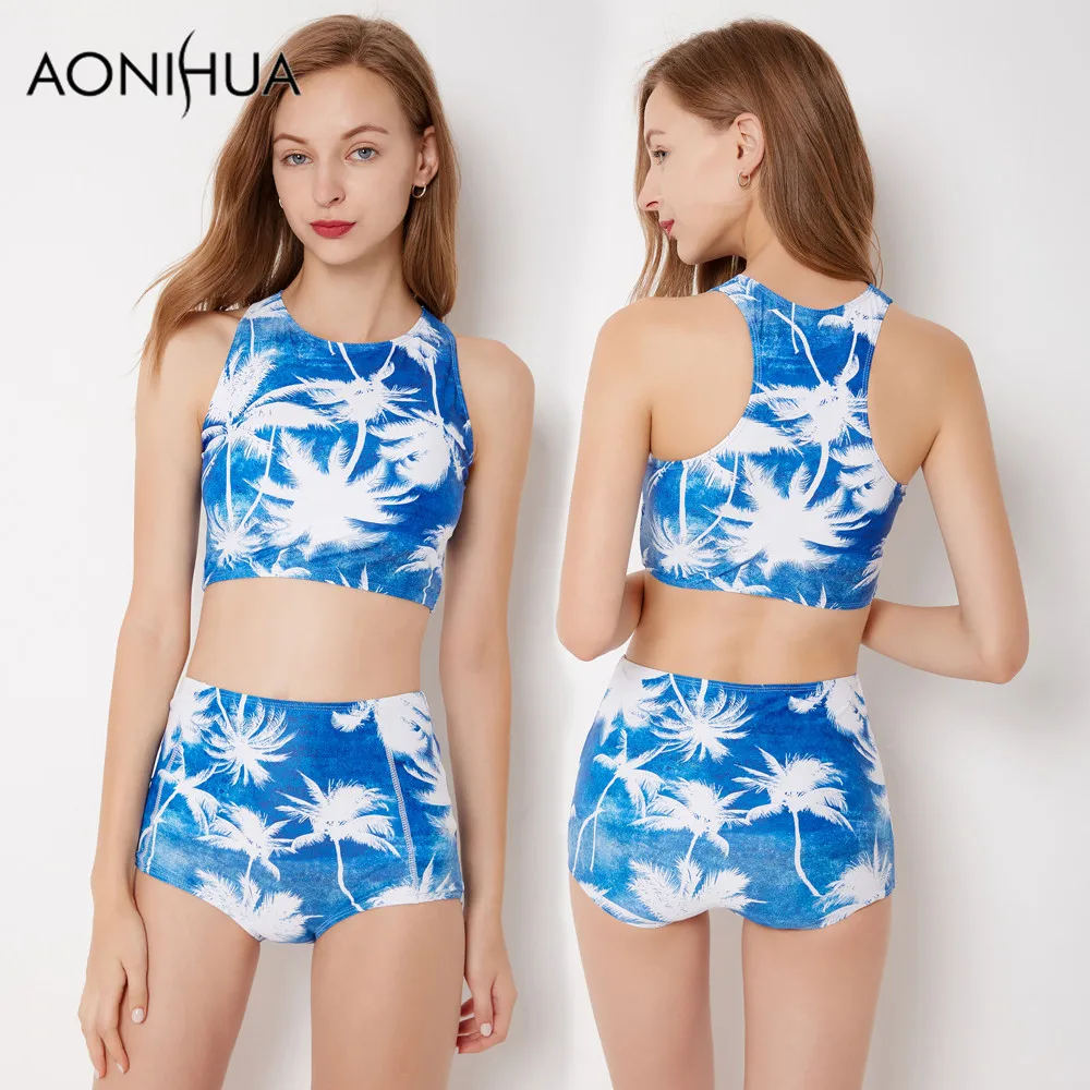 

AONIHUA Legend of the blue sea | 2018 New Palm tree print Bikini set Women Beach Swimwear Crop top Swimsuit swimming suit 9032