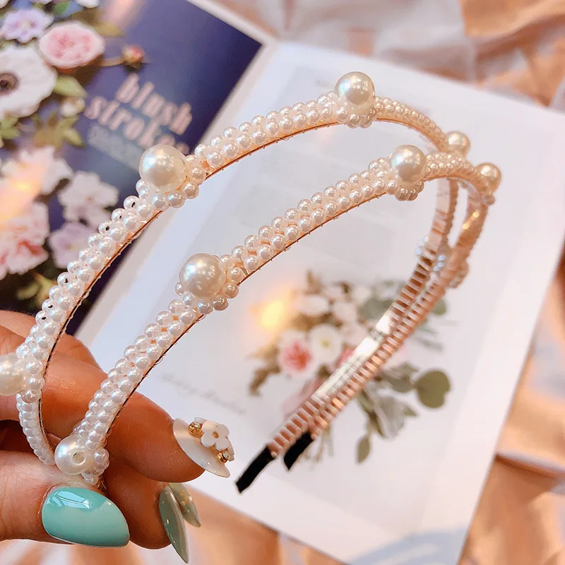 Женский обруч для волос с жемчужинами украшенный кристаллами свадебный цветами