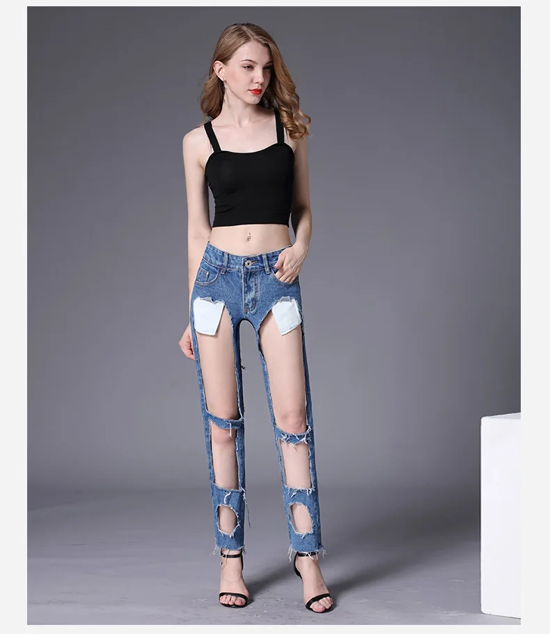 Sexy Hole Korean Womens Jeans Denim Ripped Straight High Waist Jeans Pants Loose Trousers