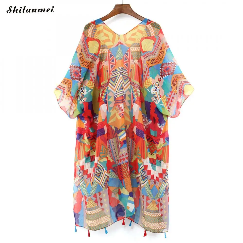 Разноцветное кимоно с цветочным принтом Mujer bluse Feminino Летний Пляжный длинный кардиган Женская винтажная блуза Boho Топ кимоно Женская рубашка