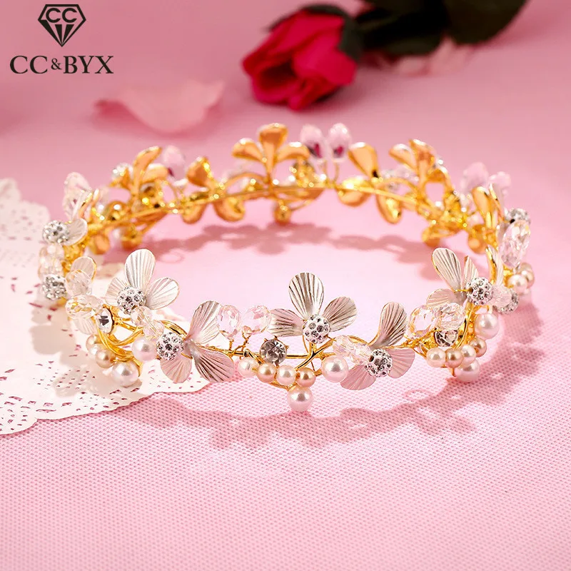 Резинки для волос CC tiaras роскошные золотые Цветочные бусины кристаллы жемчужные