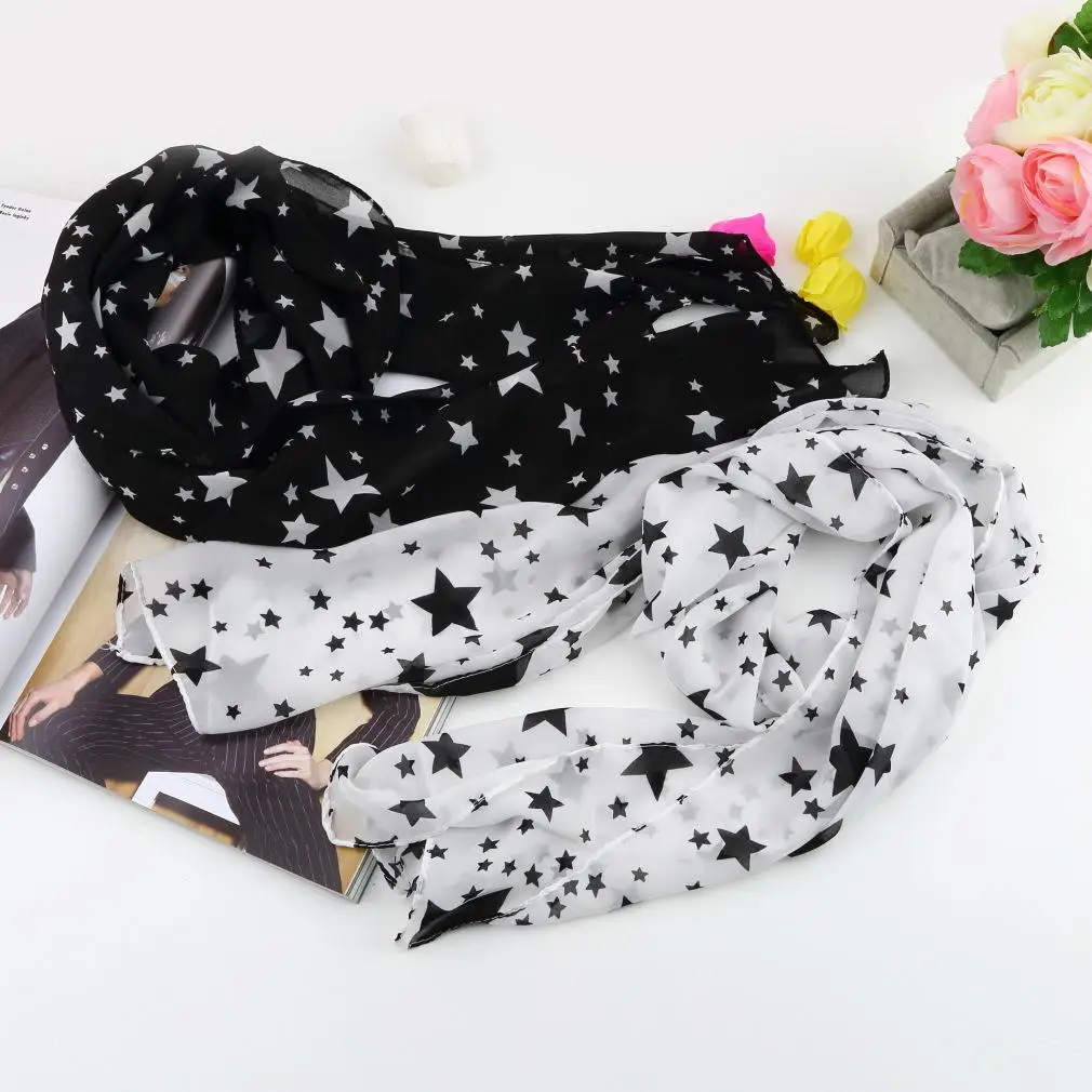 Women Black White Stars Soft Long Chiffon Neck Wrap Kerchief Scarf Stole | Аксессуары для одежды