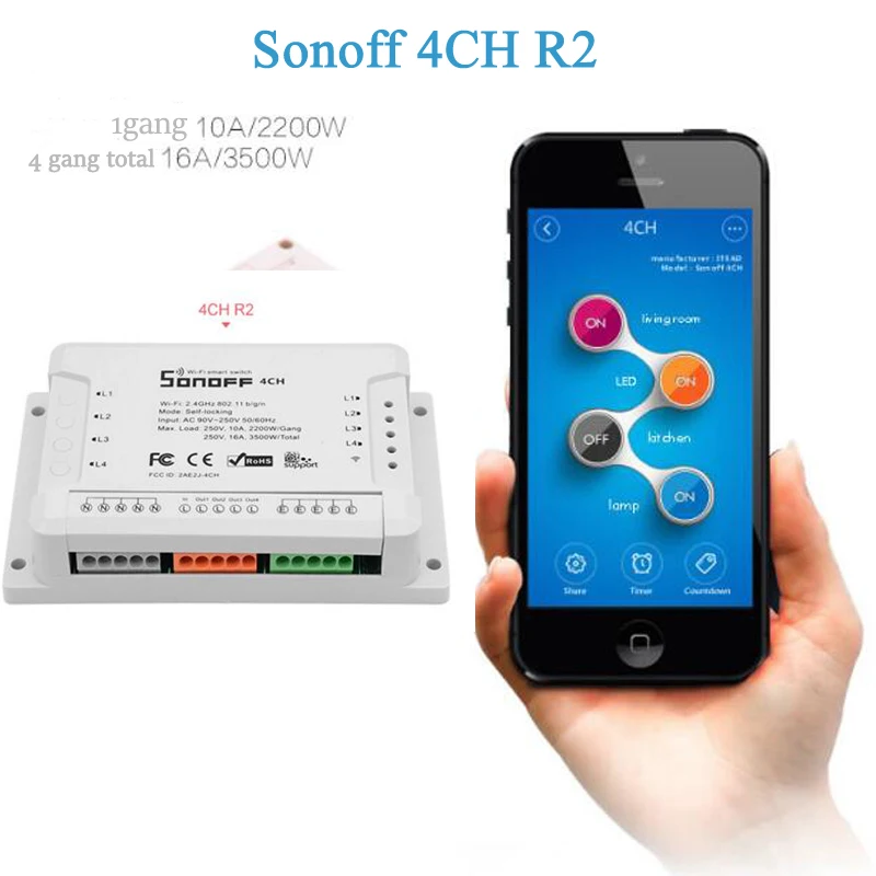 Sonoff 4CH R2, Модуль Автоматизации умного дома на din-рейке, беспроводной WiFi Пульт дистанционного управления, умный переключатель, работает с Alexa Google