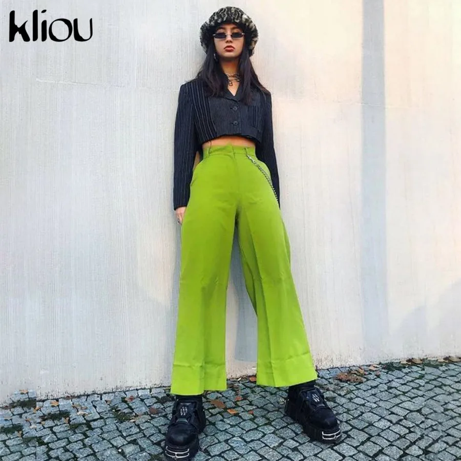 Kliou Новые женские модные длинные брюки клёш однотонные штаны с карманами украшенные цепью повседневные яркие брюки