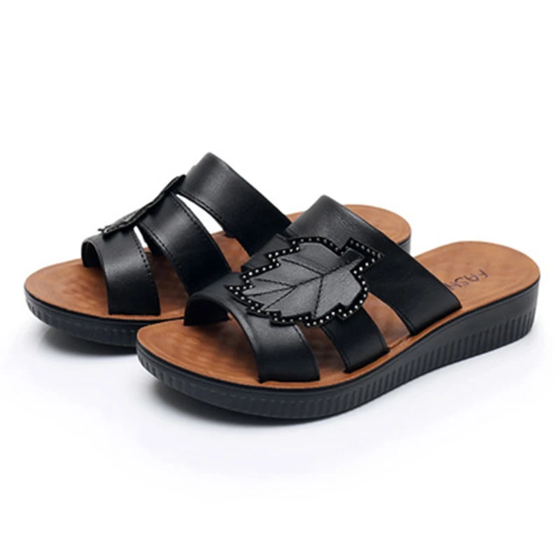 ZZPOHE New Summer Woman Sandals Ladies PU Leather Casual Soft Flat Slippers Slip On Comfortable Women Shoes - Цвет: black