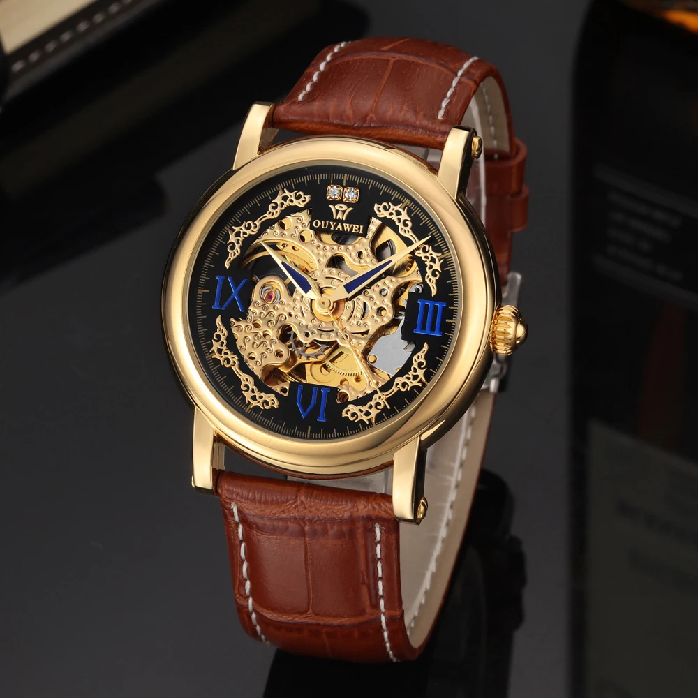 OUYAWEI винтажный дизайн мужские часы Скелет циферблат розовое золото Бабочка