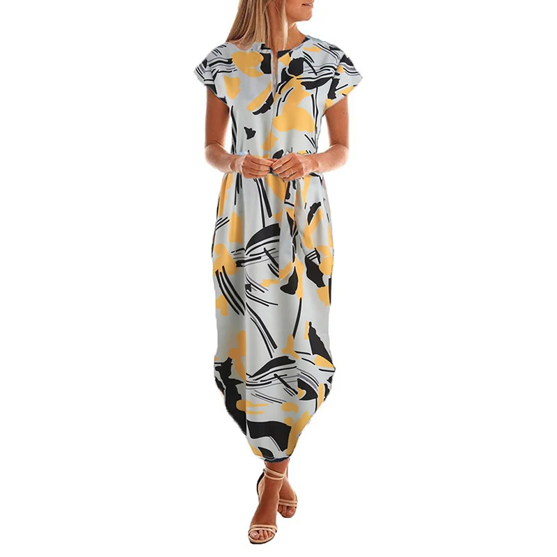 Шифоновое платье с V образным вырезом коротким рукавом и геометрическим