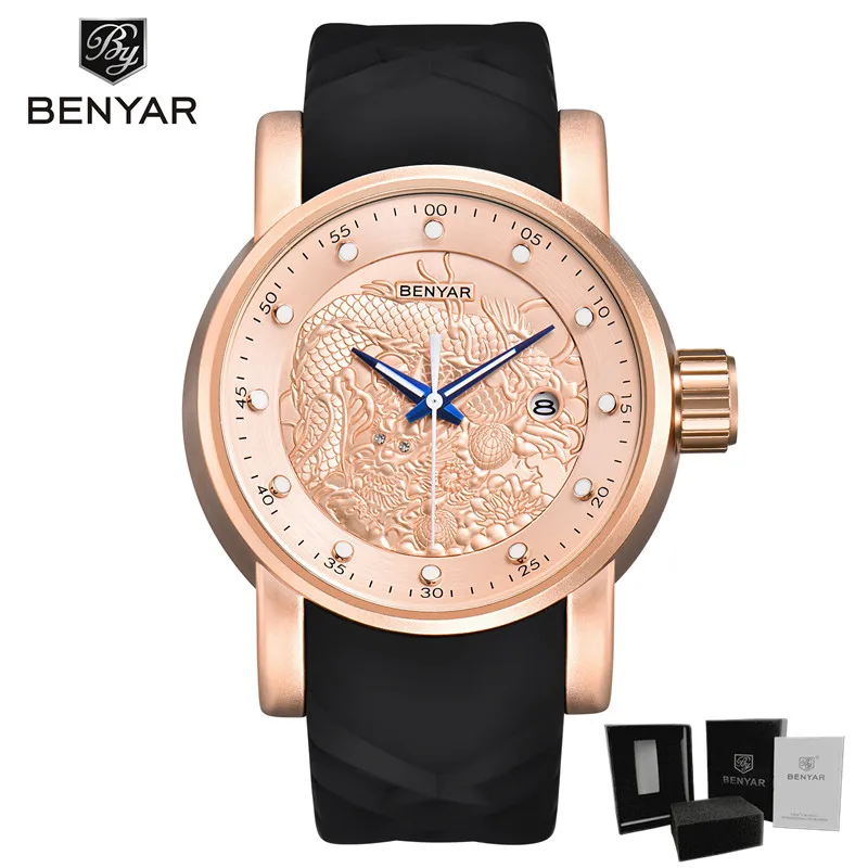 5115-Rose gold BENYAR люксовый бренд Дракон Скульптура Дата Мужские кварцевые часы 30 м водонепроницаемый силиконовый ремешок модные мужские часы Relogio Masculino - Цвет: 5115-Rose gold