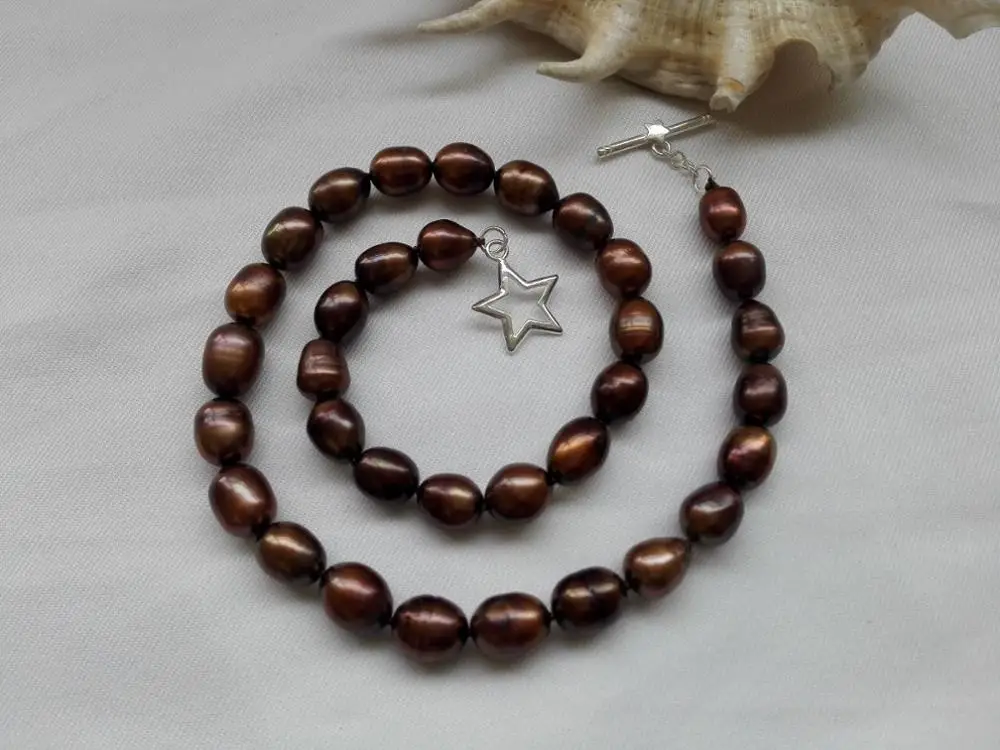 Ожерелье из натурального пресноводного жемчуга 9-10 мм кофейно-коричневое