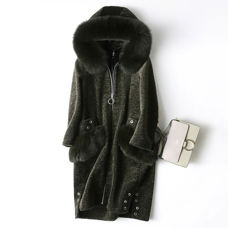 AYUNSUE зимнее пальто из натурального меха женское длинное овчины с воротником