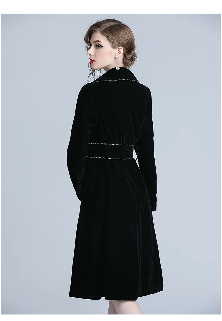 Новинка, осенне-зимний черный вельветовый Тренч, Женское пальто с зубчатым воротником, Золотое двубортное пальто с поясом, толстый теплый Тренч, верхняя одежда