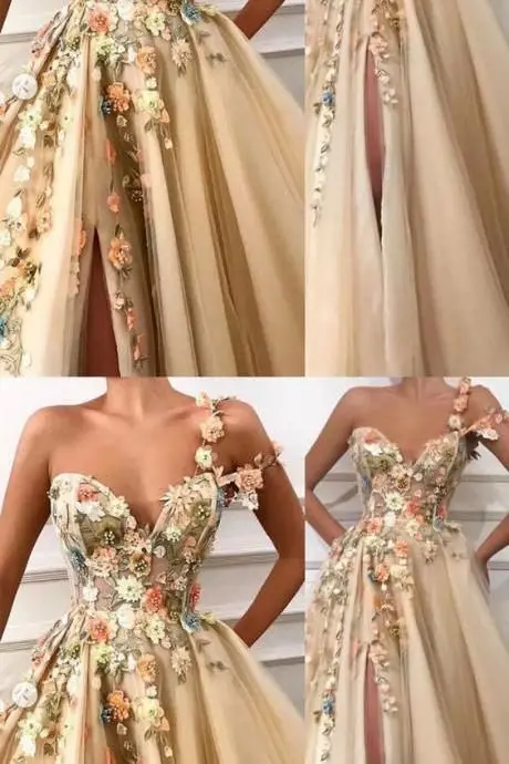 

Long Evening Dress 2019 Gorgeous One Shoulder Oman Handmade Flowers Saudi Arabia Sexy High Slit Champagne Formal Evening Gowns
