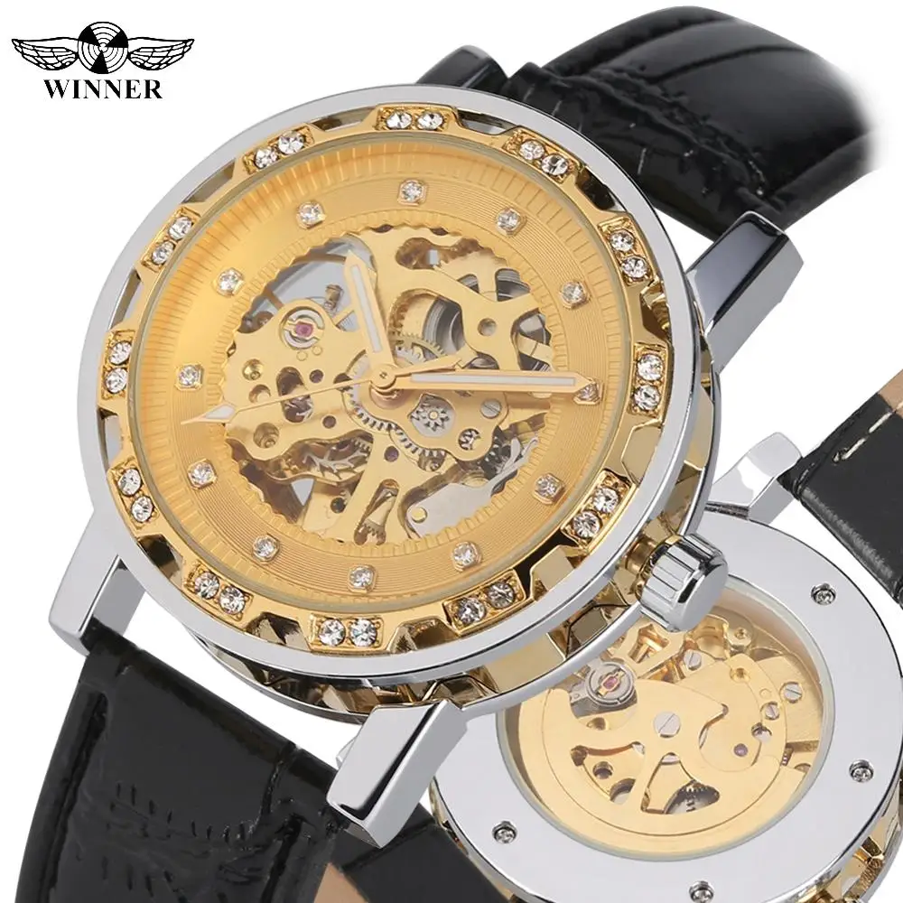 

Trendy Golden Diamond-encrusted Automatic-self-winding Mechanical Watch for Men Transparent Dial Luminous Function Wristwatches