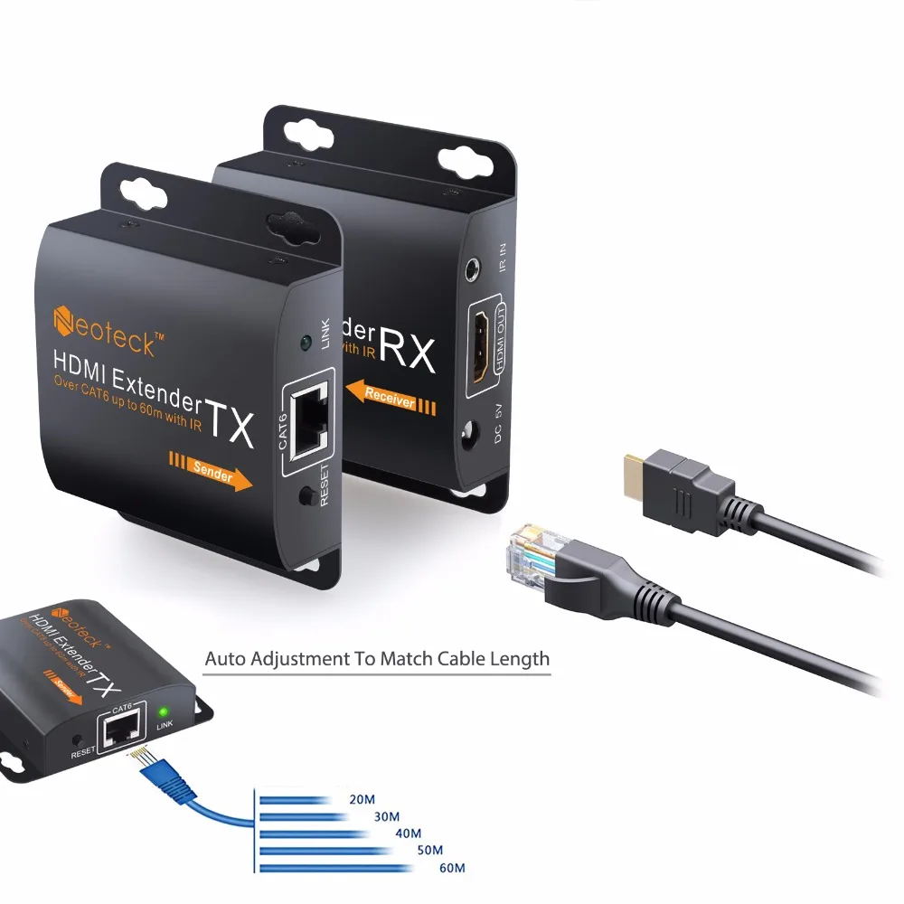 Neoteck HDMI удлинитель адаптер 1080P до 60 м HDMI передатчик приемник RX/TX через CAT6 кабель с ИК кабелем Великобритания ЕС питание