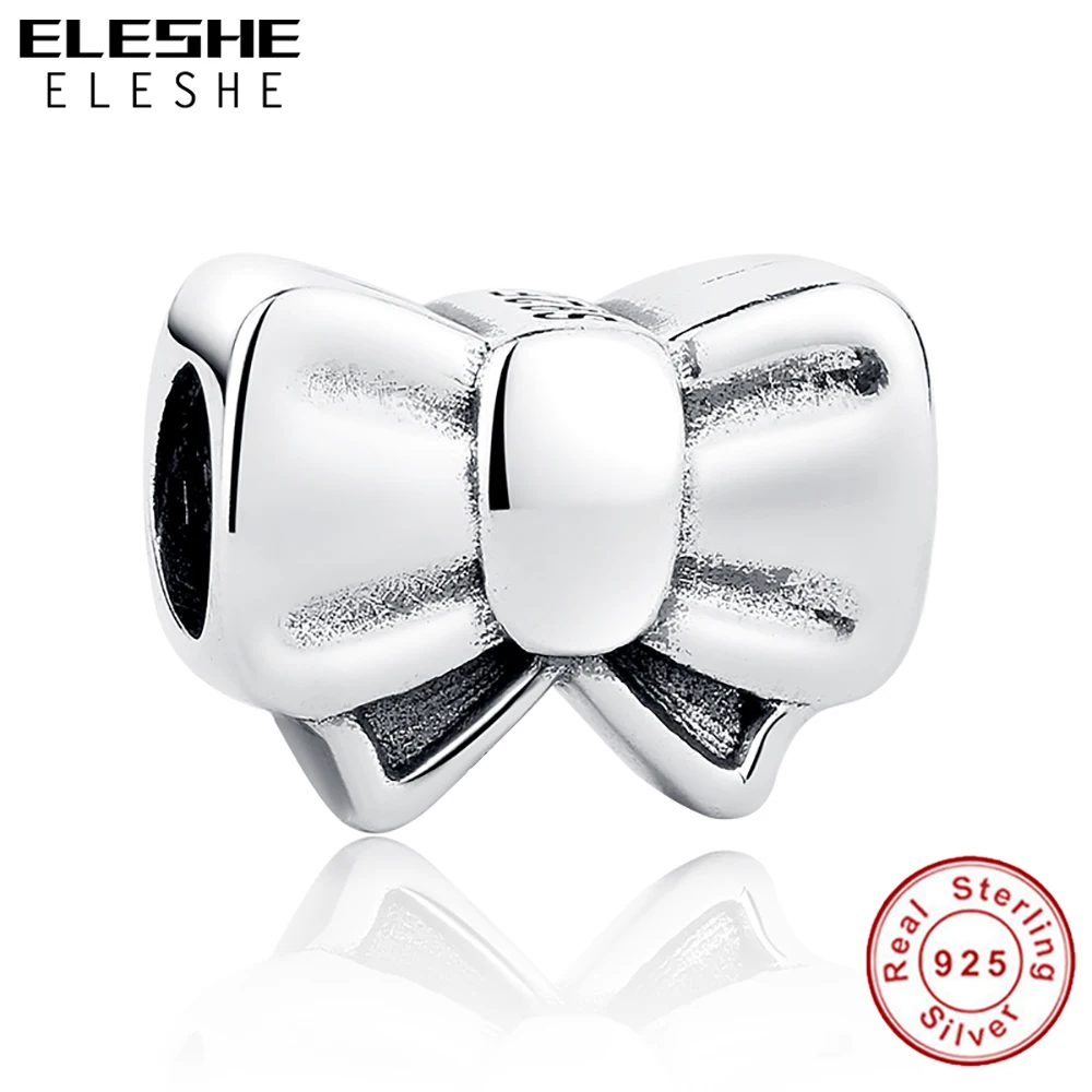 

ELESHE натуральная 100% 925 стерлингового серебра браслеты с подвесками с симпатичным бантиком; Бусы, подходят к оригинальному браслету ожерелье ...