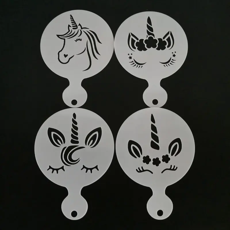 4pcs Unicorn Design Coffee Latte Cappuccino Barista Art Stencils Cookie Cupcake Latte Coffee Print Mold Cake Decorating Tools