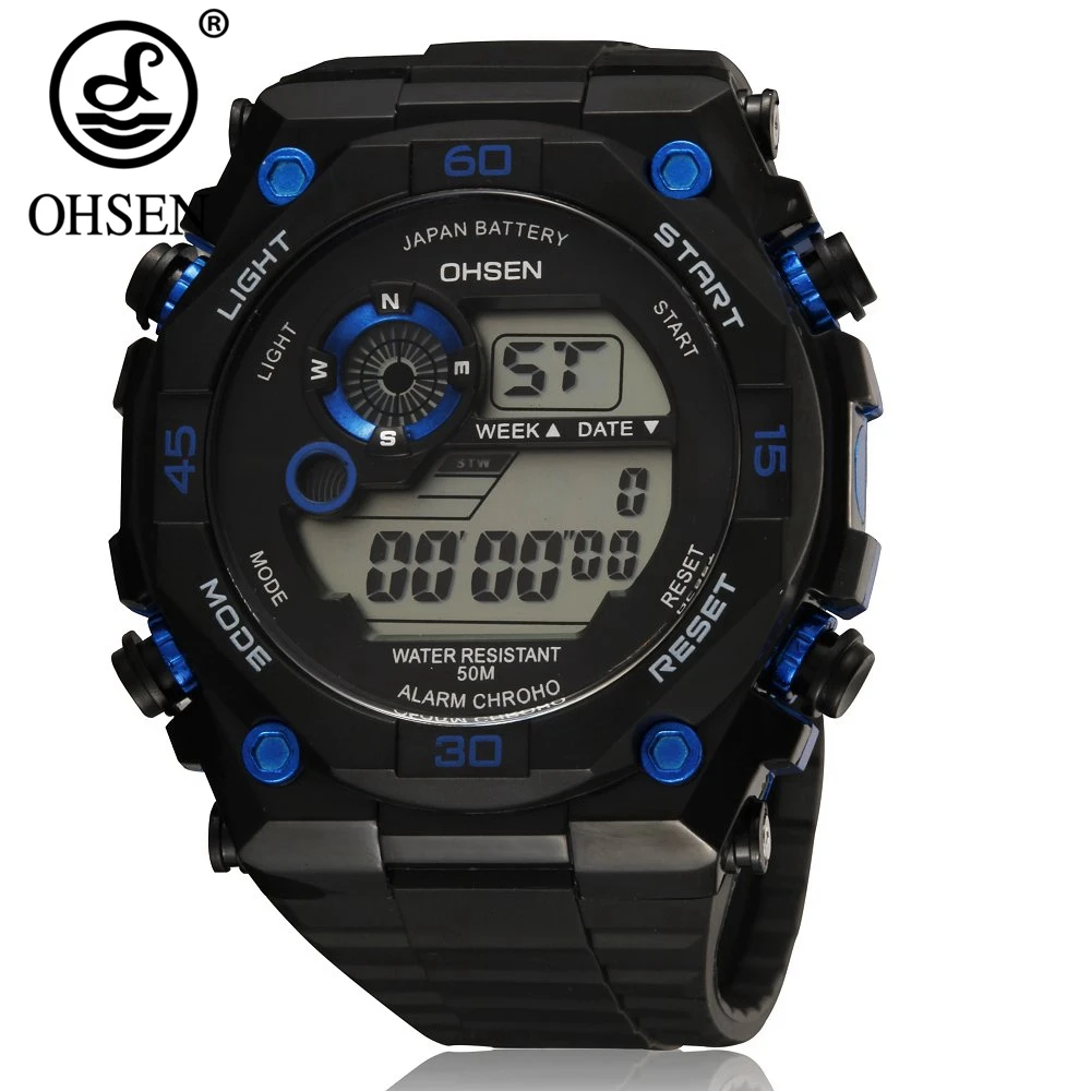 

OHSEN 5ATM Dive Digital Men Watch Rubber Band Sports Man Wristwatch Hombre Army electronic LED Blue male Clocks Reloj Masculino