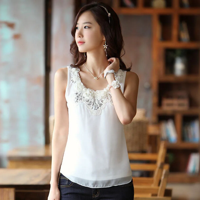 Лето 2018 модная Женская Сексуальная кружевная блузка с цветами жилет без рукавов