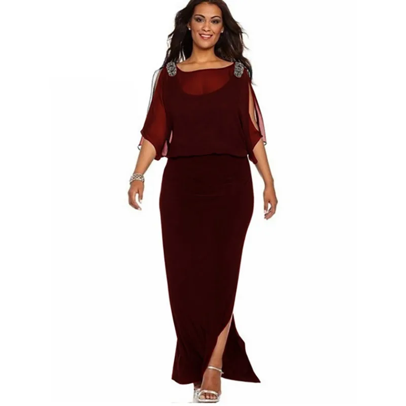 6XL, летнее женское винтажное шифоновое Сетчатое длинное платье, повседневное, с разрезом, праздничное, Пляжное, макси платье, одноцветное, свободное, размера плюс, vestidos - Цвет: Бургундия